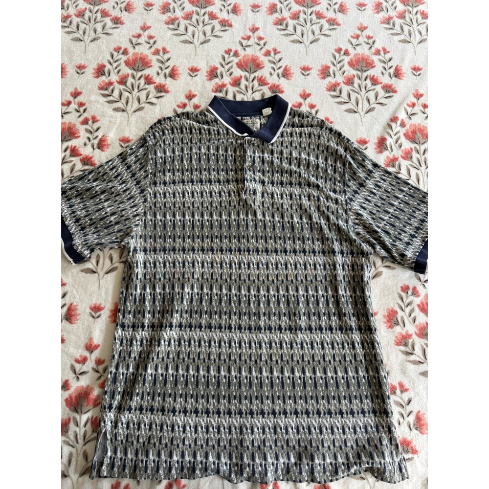 St Johns Bay Mens XXL Polo Shirt Short Sleeve Geometric Ikat Print Cotton Grey